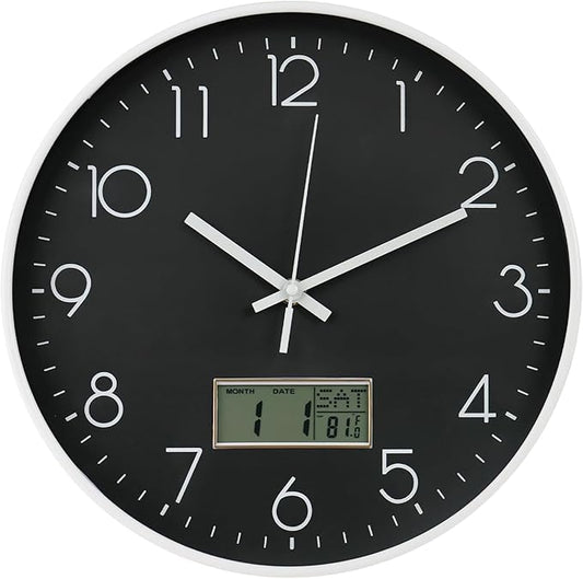 Wall Clock with LCD Display Non-Ticking Silent Quartz Movement Decor Clock with Perpetual Calendar and Temperature Modern Style Round Wall Clocks for Office/Living Room/Bedroom(Black, 12inch)