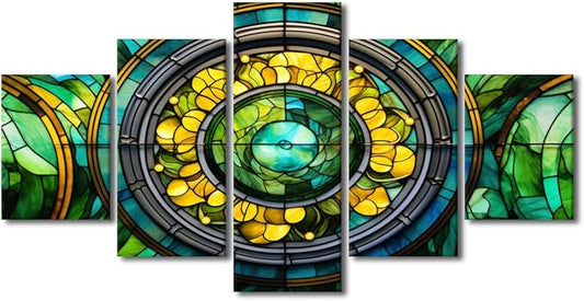 Canvas Wall Art for Men Green Yellow Brown Blue Stained Glass Poster Prints 5 Panel Canvas Art Printing for Men Bedroom Office Home Wall Decor Stretched and Framed Ready to Hang 60x32 in