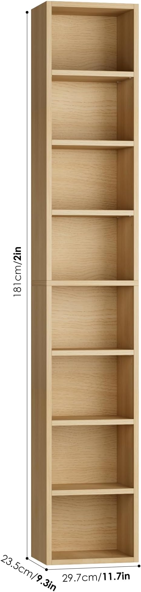 FOTOSOK 8-Tier Media Tower Rack, 11.6 X 9.3 X 71 Inches CD DVD Slim Storage Cabinet with Adjustable Shelves, Tall Narrow Bookcase Display Bookshelf for Home Office, Natural