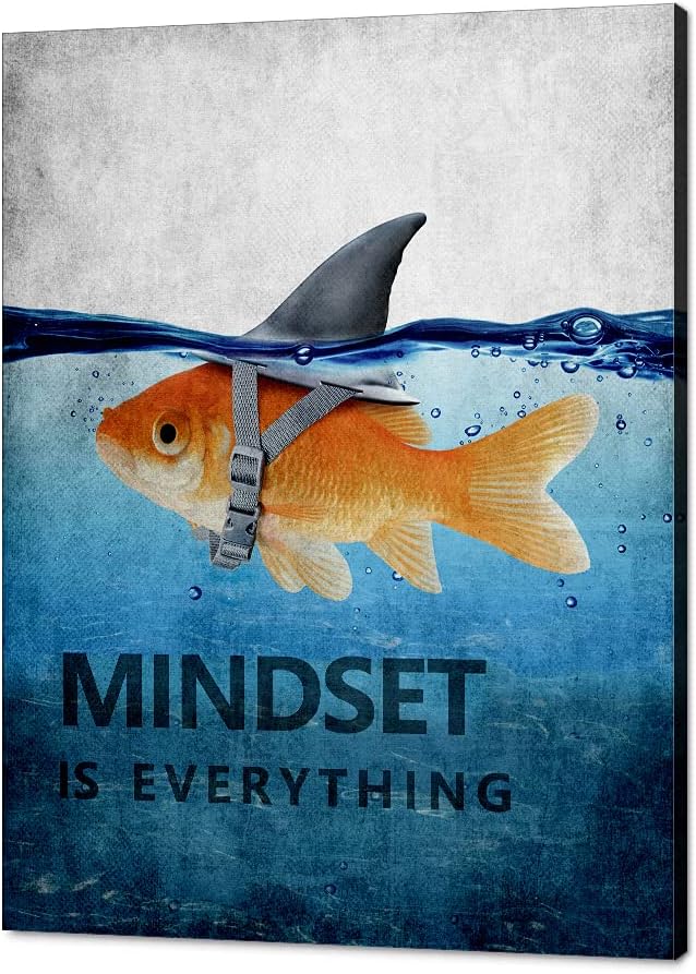 Motivational Goldfish Canvas Office Print Wall Art Shark Picture Animal Poster Painting Modern Inspiring Artwork Decor for Living Room Bedroom Office Home Decor, Framed 18"x24"
