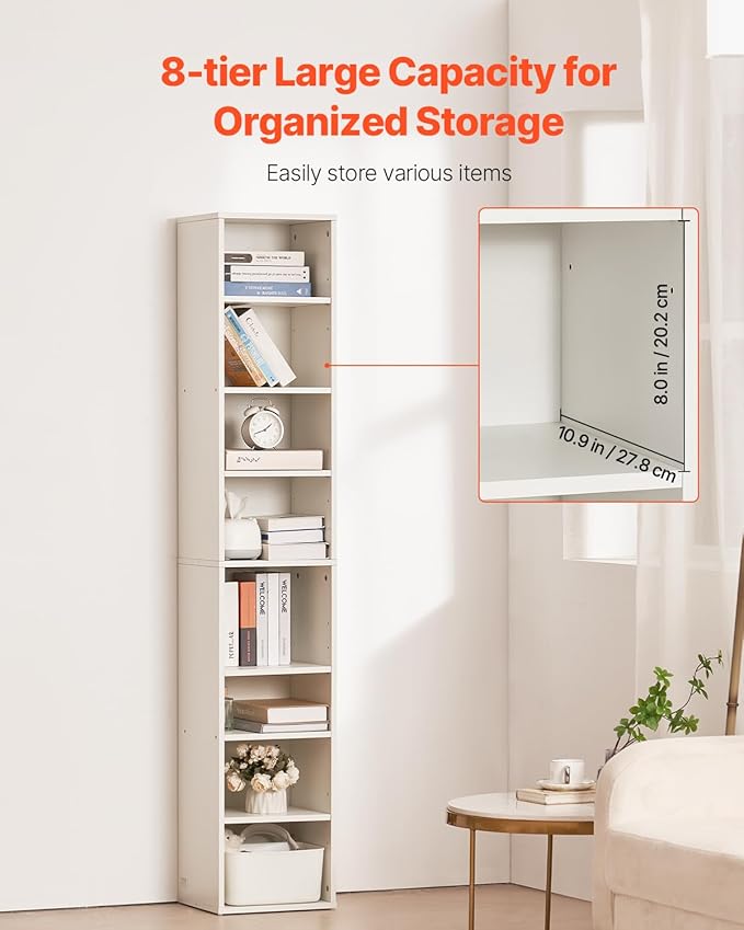 VEVOR 8 Tiers Narrow Bookshelf, 71 in Wooden Tall Open Bookcase with Height-Adjustable Shelf, Freestanding Display Storage Floor Bookcase Bookshelf for Library, Bedroom, Living Room, Office, White