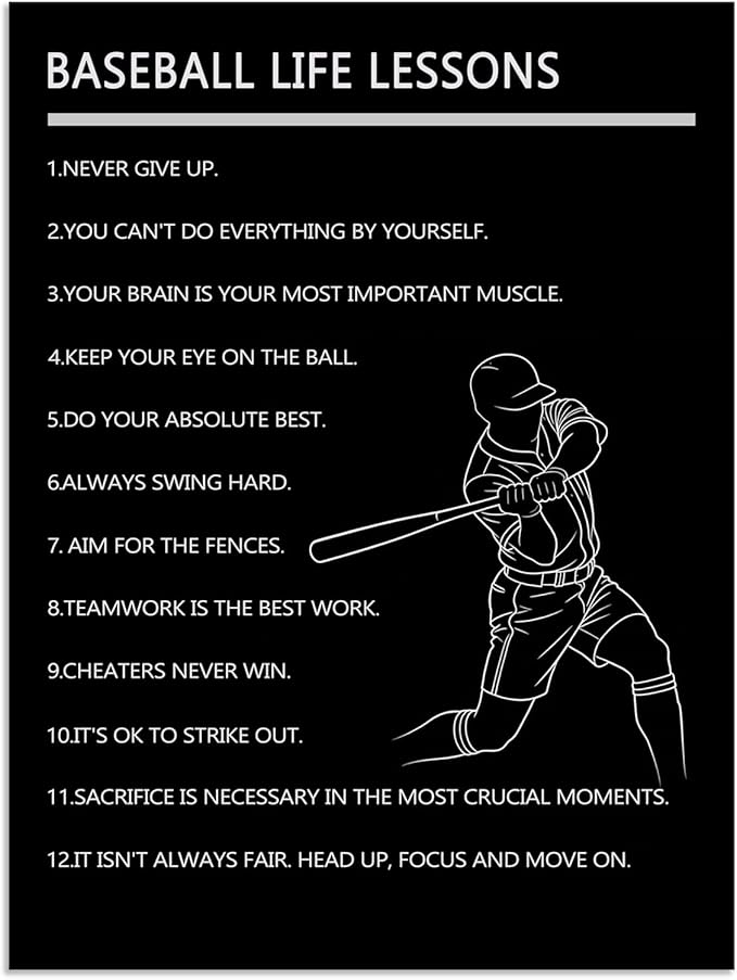 Motivational Baseball Player Poster Baseball Life Lessons Poster for Boys Bedroom Inspirational Sports Quotes Canvas Print for Home Gym Locker Room Office Decor Framed Ready to Hang [18" W X 24" H]
