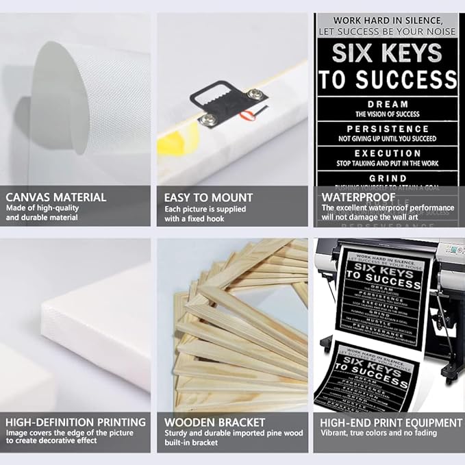 Six Keys to Success Canvas Wall Art, Motivational Wall Decor with Work Hard in Silence Quote, Inspirational Black & White Canvas Print for Home Office, Framed 12x16 inch