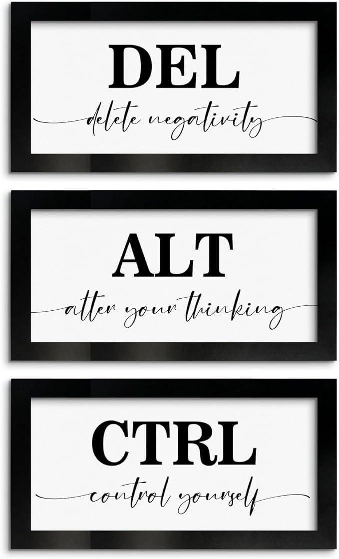 Pinetree Art Motivational Wall Art for Office Decor, CTRL ALT DEL Framed Inspirational Positive Quotes Canvas Print (black, 6"x12"x3)