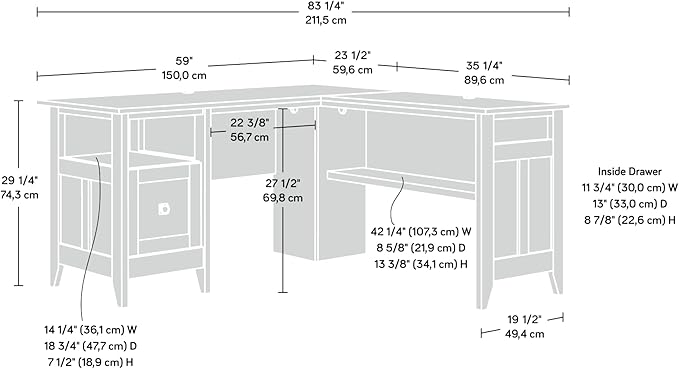 Sauder August Hill L-Shaped Home Office Desk, Farmhouse Corner Desk with File Drawer, Cable Management, Mystic Oak Finish