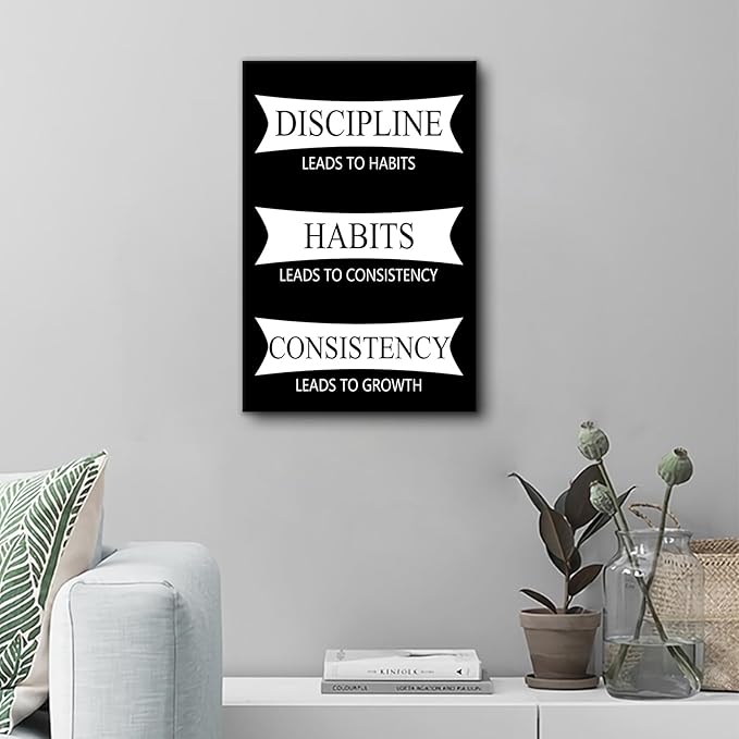 Inspirational Canvas Wall Art Painting Discipline Habits Consistency Motivational Positive Quotes Poster Print Wall Picture Artwork for Bedroom Office Gym Stretched and Framed [12''Wx18''H]