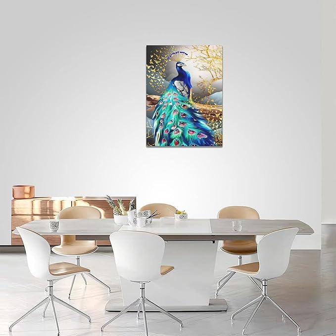 yerretin Peacock Wall Art Peacock Golden Tree Pictures Wall Decor Bird Canvas Painting Modern Decoration Artwork for Bathroom Living Room Bedroom Office Framed 12"x16"