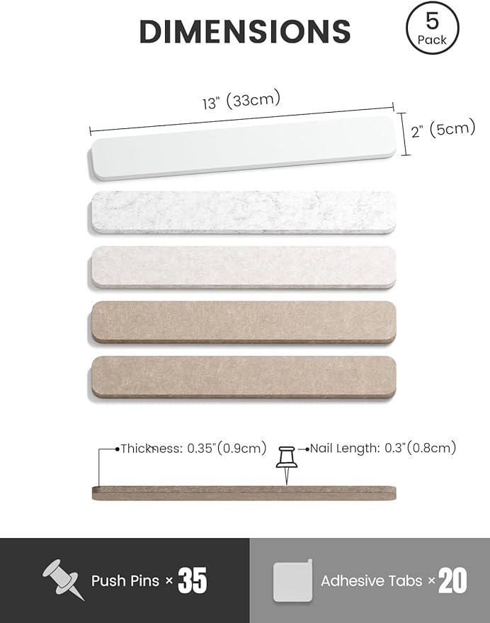 Fluxynara Cork Board Alternative Felt Strip Board 5-Pack 13"x2", Office Pin Board with 35 Push Pins, Adhesive Install for Bedroom Door & Home Office(Stone Beige)