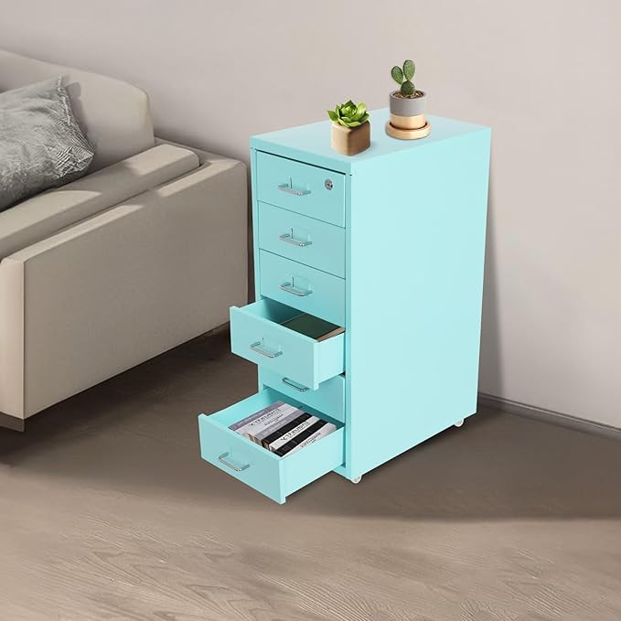 6 Drawer Vertical File Cabinet, 27" Lockable Metal Storage Cabinet with 4 Wheels, Mobile Filing Organization Under Desk for Office, Study, Dresser (Blue)
