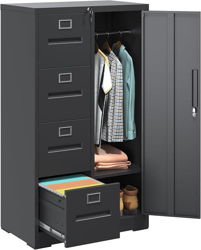4 Drawer File Cabinet with Shelves and Hanging Rod, Metal Filing Cabinet with Lock for Home Office, File Storage Drawers for Legal/Letter Size Folders, Assembly Required (Black)