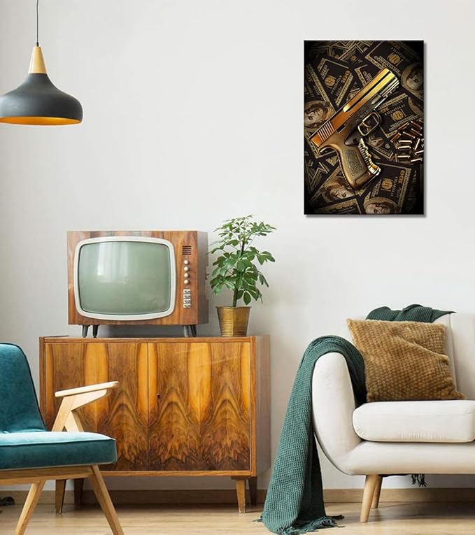 Real 100 Bill Dollar Cash Money Collection Gun Motivational Canvas Wall Art Money Killer Poster Print for Office Home Decor 12x16in