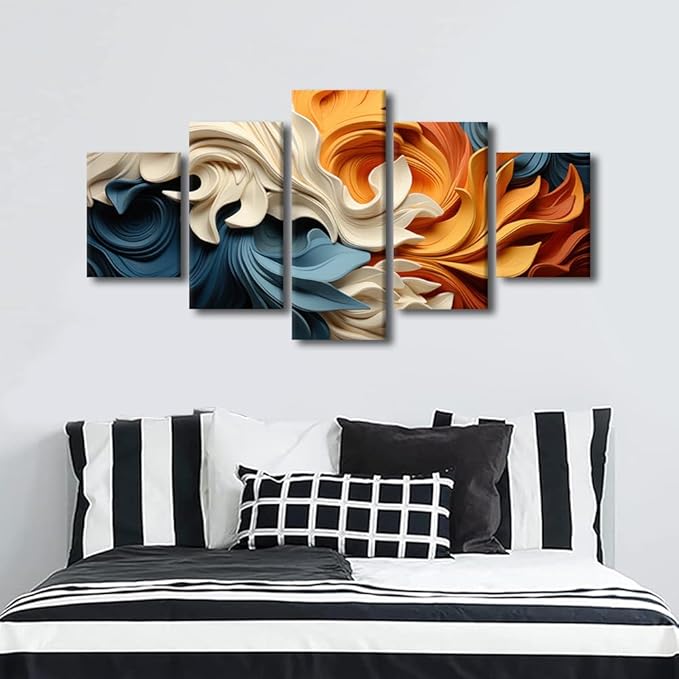 Living Room Wall Art Decor Abstract Canvas Wall Art Blue Orange Yellow Brown Waves Abstract Art Painting Artwork 5 Panel Canvas Wall Art for Men Lady Office Wall Decor Framed Ready to Hang 60x32 in