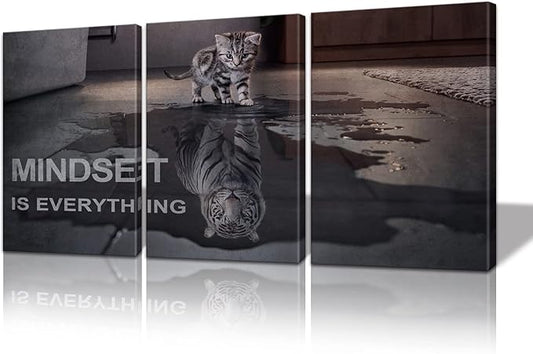 Motivational Canvas Wall Art Mindset is Everything Small Cat Big Tiger Posters Prints 3 Pieces Inspirational Quote Painting for Office Bedroom Decor (48" W x 24" H, Y-Mindset)
