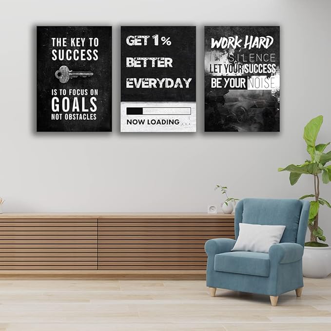Inspirational Wall Art Canvas Hustle Poster Success Goal Artwork Entrepreneur Quote Painting Motivational Office Wall Decor Art for Bedroom Living Room Home Decoration Framed 20inch x28inch x3pieces