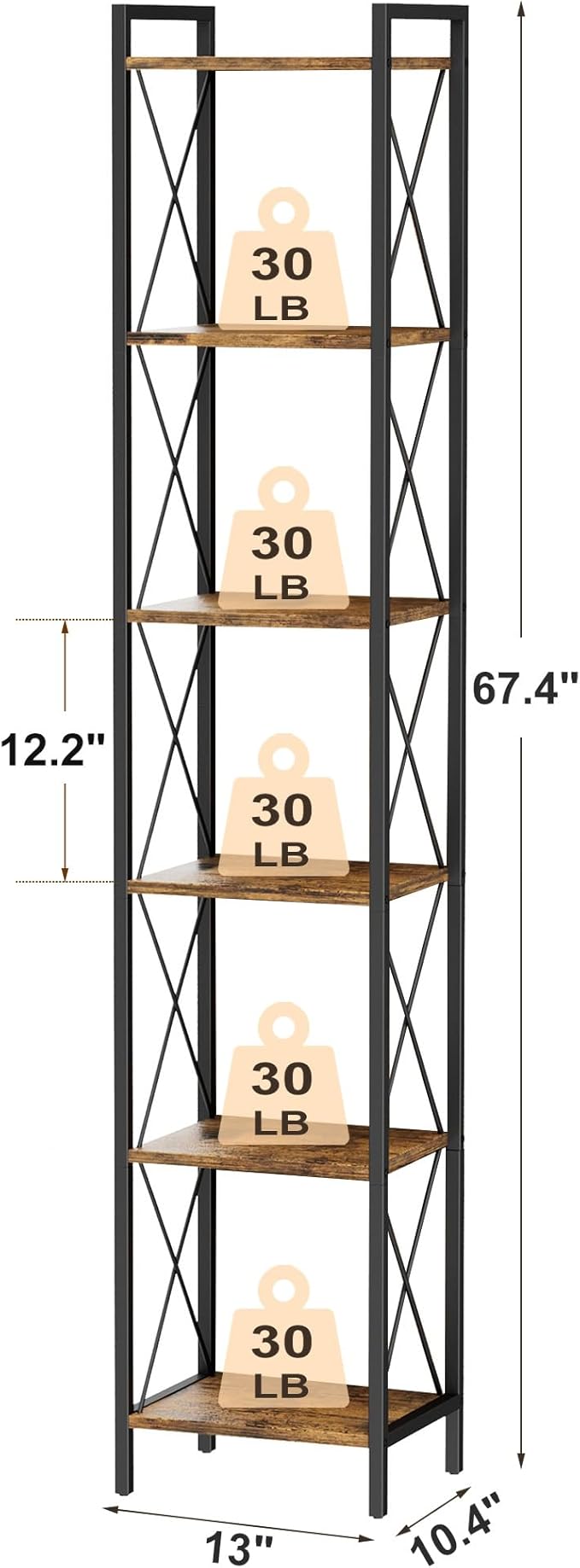 Homhedy 6 Tier Bookshelf, Tall Narrow Bookcase for Small Space, Metal Storage Book Shelf, for Home Office, Living Room, Kitchen, Bedroom, Industrial Style, 10.4" D x 13" W x 67.4" H, Rustic Brown