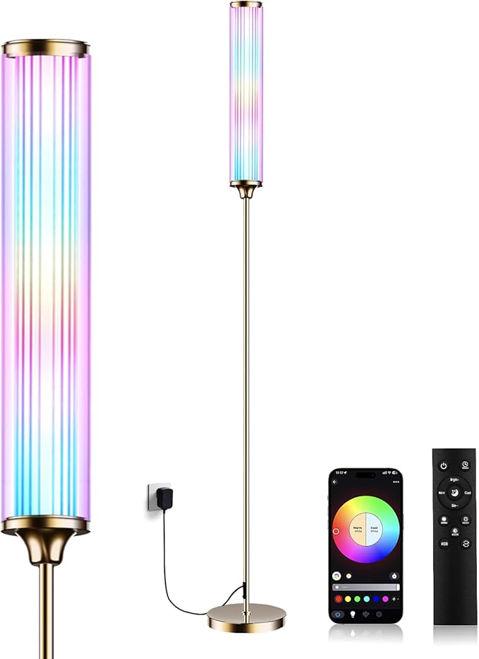 FRIDEKO HOME Floor Lamp, Smart RGBCW LED Color Changing Ambient Lighting for Living Room & Gaming Decor, Standing Lamp with App & Remote Control, Tall Corner Lamp for Bedroom, 12W 1500LM, Gold