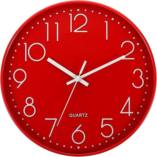 PATIKIL 12 Inch Wall Clock, Battery Operated Silent Non-Ticking Round Wall Clocks for Office Bedroom Decorative, Red