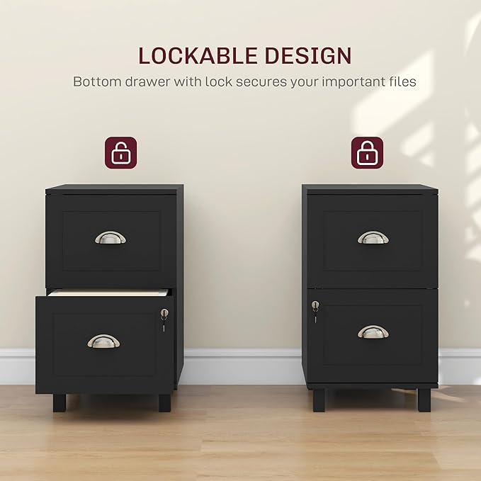 HOMCOM 2 Drawer File Cabinet, Lockable Filing Cabinet with Adjustable Hanging Bars for A4 and Letter for Home Office, Black