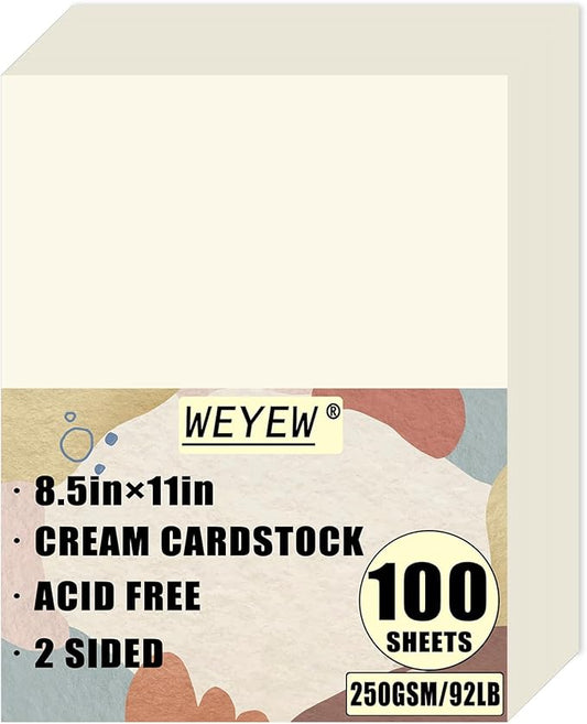 100 Sheets 92lb Cream Cardstock, 8.5" x 11", Thick Off-White Paper Envelopes Making Blank Invitation Paper Greeting Cards DIY Craft Card Making, 92LB Cover 250 GSM