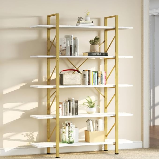 DWVO 5 Tier Gold Bookshelf, 70.9" Tall Book Shelf and Bookcase, Vintage Large Open Storage Rack Shelves for Living Room/Bedroom/Home/Office, Gold & White