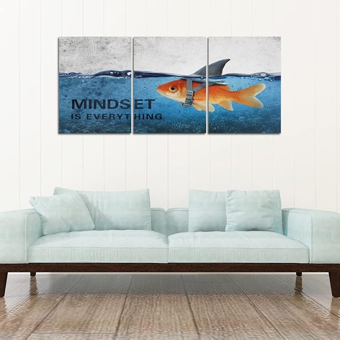 Inspirational Canvas Wall Art Blue Goldfish Pictures Posters Painting on Canvas Abstract Shark Motivational Entrepreneur Quotes Office Decor Artwork Bedroom Framed Ready to Hang - 72"W x 36"H