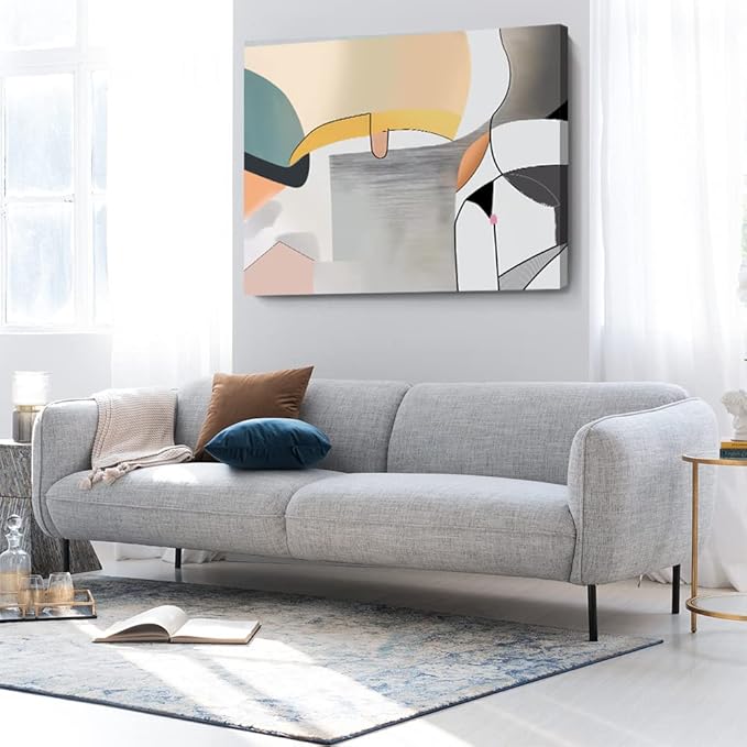 Wall Art Canvas Abstract Color Block Line Art Prints Apricot Cyan Black Grey Color Blocks and Lines Painting Modern Artwork Decor for Living Room Bedroom Kitchen 48x32in