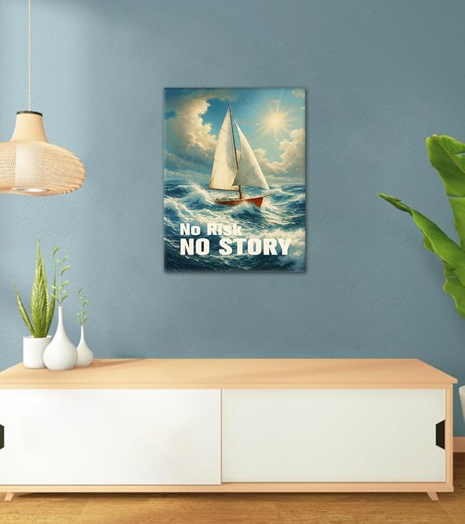 Exploration Motivation Wall Art - No Risk No Story Sailboat Canvas Print, Uplifting Nautical Picture Inspirational Quote Wall Decor, Adventure Artwork for Office Living Room Home, Framed 18"x24"