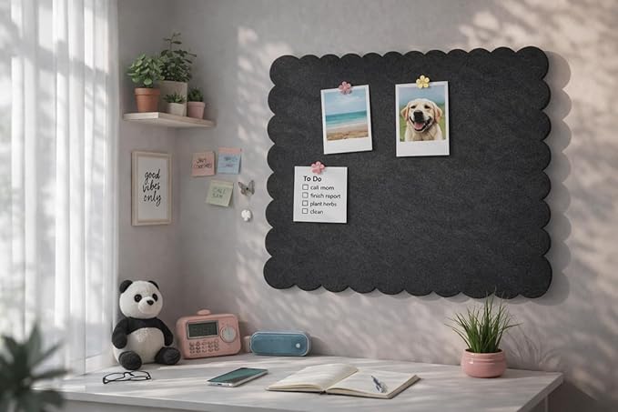 Scalloped Felt Bulletin Board 24x18 in, Thick PET Felt Pin Board, Heat-Pressed Flat, Self-Adhesive Mount, Push Pin Friendly Photo/Card Display for Home, Office, Crafts, Planning, Jewelry (Black)