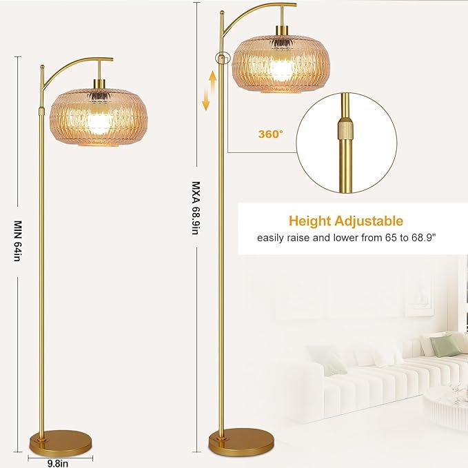 Glass Floor Lamp for Living Room,Bedroom,Gold Dimmable Standing Lamp with Remote,Mid Century Modern Brass Tall Lamp Retro Vintage Lamp Floor Light Boho Bohemian