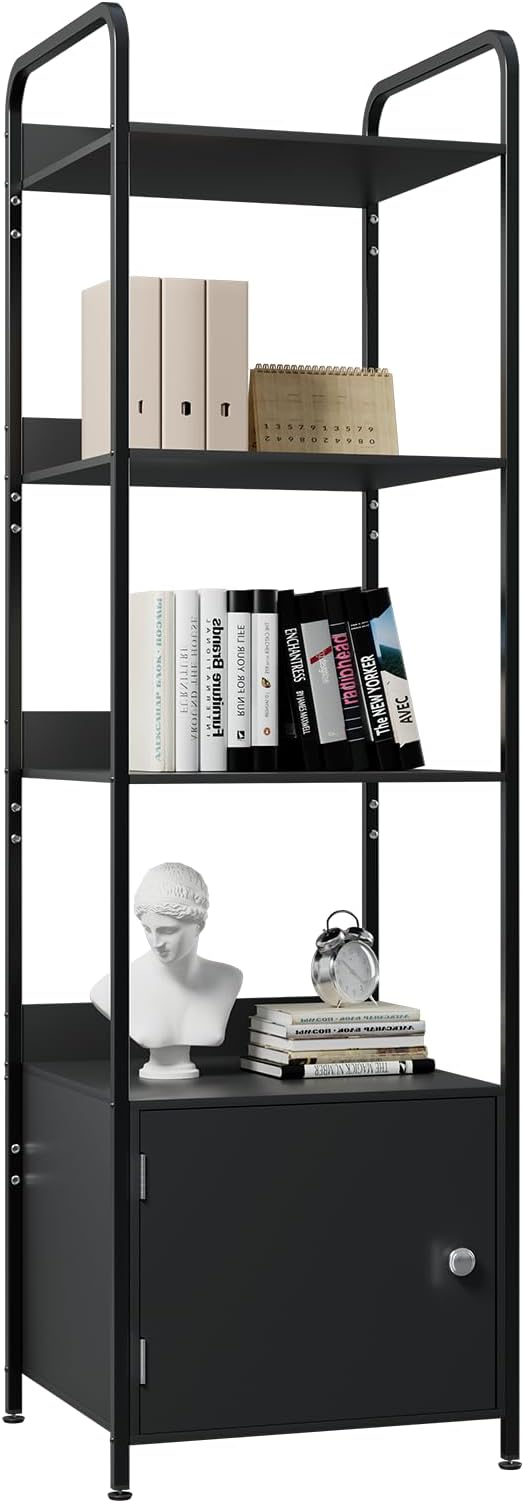 5-Tier Book Shelf with Storage Cabinet, Freestanding Bookcase, Industrial Book Organizer Shelf for Living Room, Bedroom, Home Office, Rustic Brown Wood and Metal Design (Black, 5-Tier)