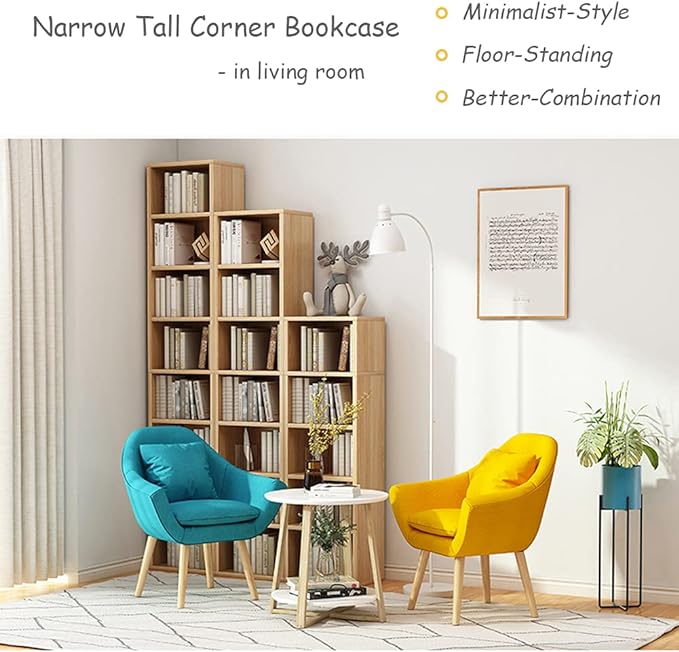 IOTXY Small Narrow Corner Bookcase - 71 Inches Tall Gap Freestanding Storage Cabinet, 7 Lattices Open Shelves Tower Rack with Door, Cubes Bookshelf in White