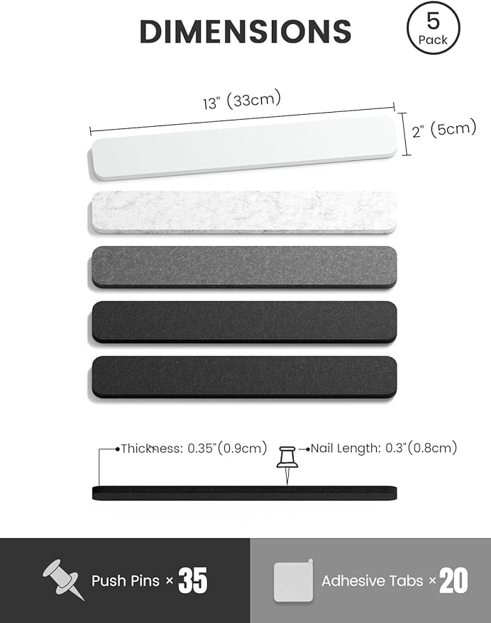 Fluxynara Cork Board Alternative Felt Strip Board 5-Pack 13"x2", Office Pin Board with 35 Push Pins, Adhesive Install for Bedroom Door & Home Office(Concrete Echo)