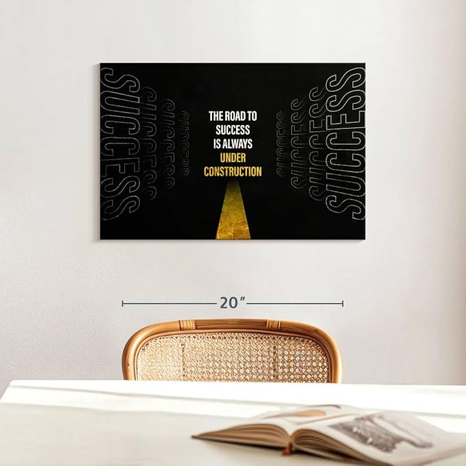 ElephantStock - Work On Your Road To Success Wall Art - Horizontal Canvas Wall Art - Home Office Wall Decor - Digital Art Inspirational And Typography Canvas Art - Black And White Decor - 24" x 16"