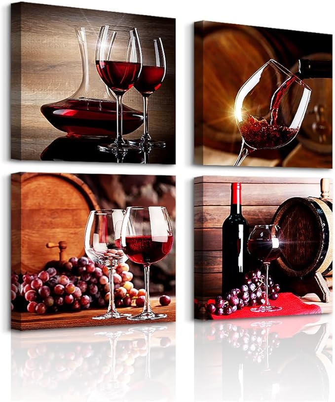 Lapremoly Dining Room Wall Decor Canvas Art for Kitchen - 4 Piece Wine Glass Painting - Modern Still Life Frame Pictures for Bar, Restaurant - Vintage Home Decor Ready to Hang