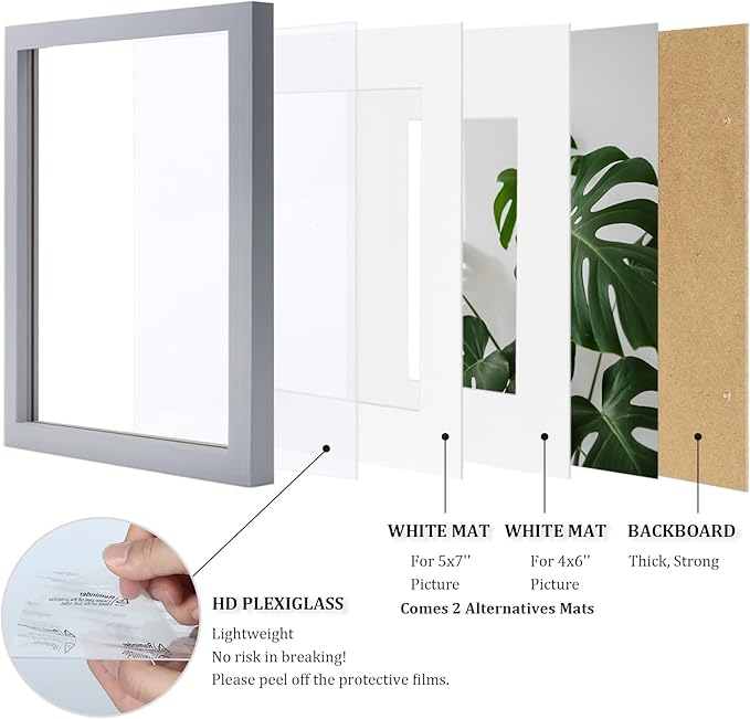 Egofine 8x10 Picture Frames 4 Pack Solid Wood Frames Covered by Plexiglass for Pictures 4x6 or 5x7 with Mat or 8x10 Without Mat, Photo Frames for Table Top and Wall Display, Light Gray
