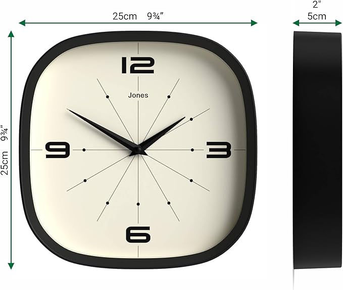JONES CLOCKS® Pulsar wall Clock | Square Rounded Retro Clock | 10 inch | Black | Cool Designer Look for Kitchen, Living Room or Office