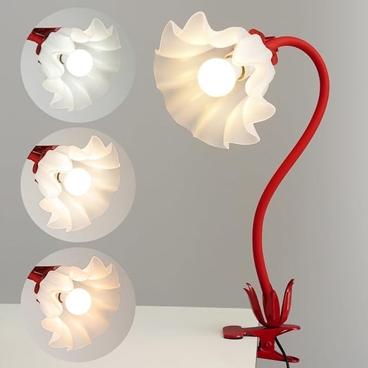 Flower Lamp Clip on Light, 3 Color Modes Eye-Caring Desk Lamp with Clamp, Dorm Room Essentials, Flexible Neck Reading Clamp Lamps for College Bedside Bookshelf Studying Room (Red)