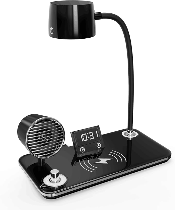 LED Desk Lamp for Office Home, Modern Desk Light with 15W Wireless Charger, Bluetooth Speaker & Digital Clock, 3 Color Temperature, Eye-Caring Study Lamp, Flexible Gooseneck, Black