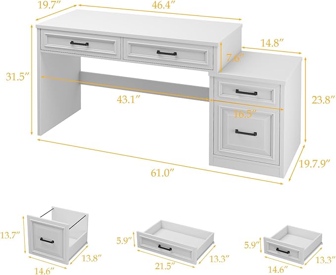 Vabches 61" Farmhouse Computer Desk with Storage and File Drawer, Executive Desks with Printer Stand, Rustic Large Home Writing Desk for Home Office.White