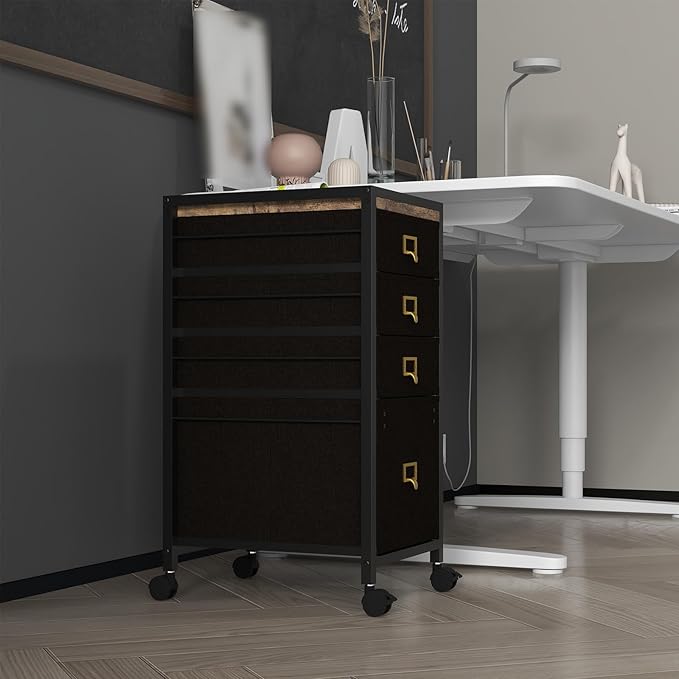Mobile File Cabinet, 4 Drawer Rolling Filing Cabinet with Wheels, Open Shelf, Printer Stand, Under Desk Filing Cabinet fits A4 or Letter Size for Home Office, 11.8"" D x 14.9"" W x 26.2"" H