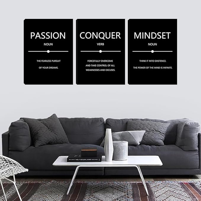Motivational Wall Art 3 Pieces Inspirational Mindset Conquer Quotes Canvas Poster Prints Wall Paintings Picture Framed Artwork Wall Decor for Office Workplace Wall Art Bedroom Living Room (48"Wx24"H)