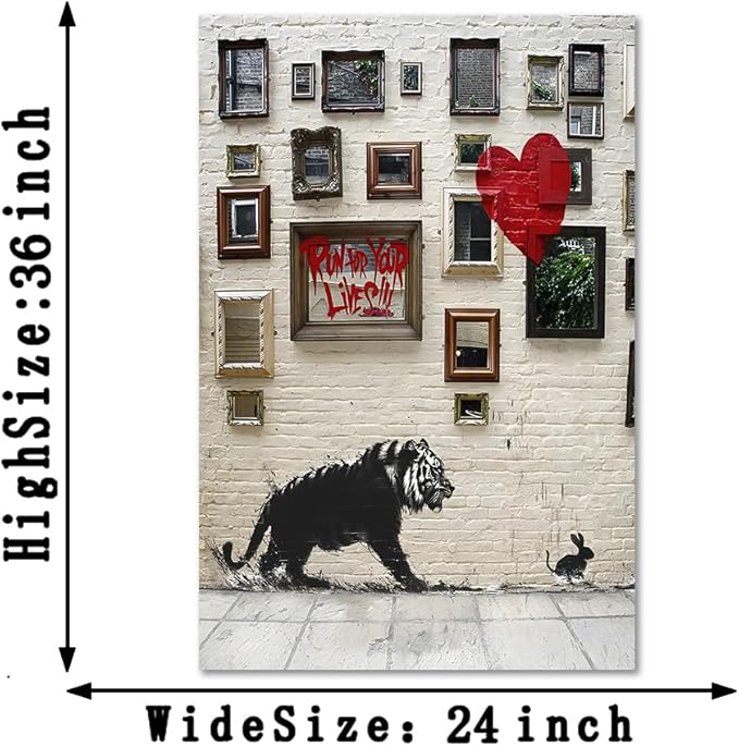 Modern Home Office Wall Decor Paintings Run for Your Lives Motivational Graffiti Artwork Tiger and Rabbit Poster and Prints Framed Easy to Hang-24x36 inch