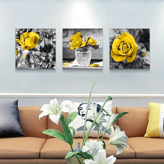 DZRWUBHS Canvas Wall Art - Modern Decor For Bedroom, Living Room, Kitchen, Bathroom - Black And White Wall Pictures - Yellow Rose Flowers - Girls Room Artwork