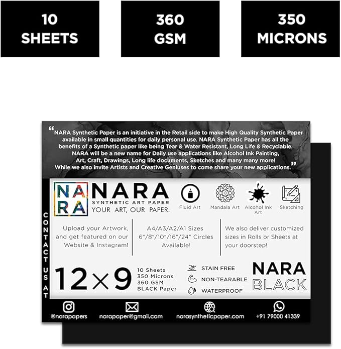 NARA Alcohol Ink Paper | Black | 12 inches x 9 inches (12”x9”) | 350 microns/360 GSM | Medium+ Paper | 10 Sheets | Paper for Alcohol Ink Art Painting | 100% Stain-Free