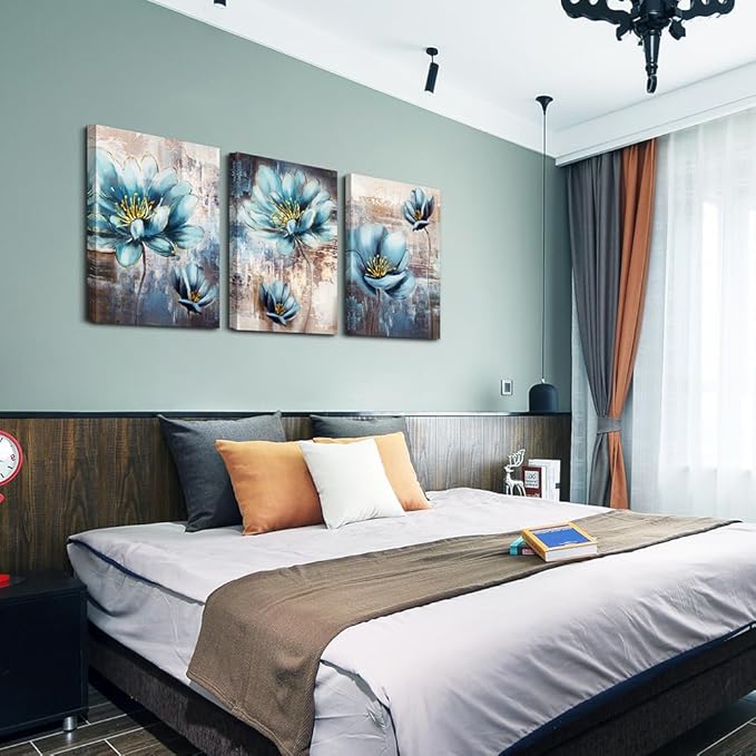 Lapremoly Large Size Canvas Wall Art For Living Room Family Wall Decor For Bedroom Abstract Blue Flowers Paintings Office Decor Modern Wall Decorations For Kitchen Pictures Artwork 20" X 28" 3 Piece