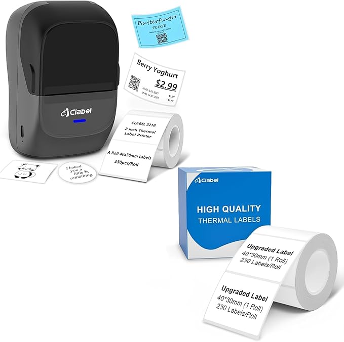 CLABEL Label Maker Machine with Tape 221B Inkless Label Printer Handheld Barcode Printer Compatible with Phone & PC for Retail School Office Organization Label Makers with APP Gray