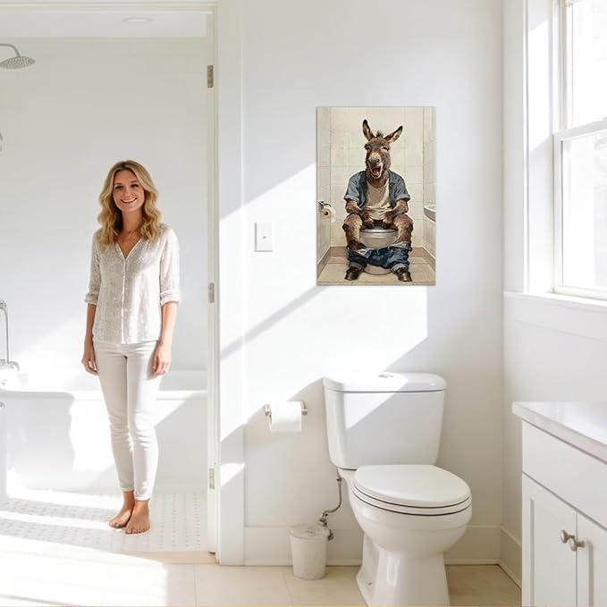 Funny Donkey Bathroom Wall Art Humorous Bathroom Pictures Wall Decor with Wooden Frame, Lightweight Donkey Sitting on Toilet Pictures Poster Animals Painting for Home Toilet Decor, 28x40 Inches