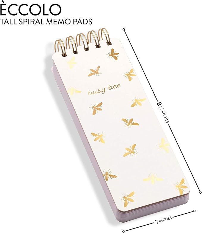 WORLD TRAVELER Eccolo Tall Spiral Memo Pad, 300 Pages, 150 Sheets, Double Spiral Binding, Office Essentials for Work, List Notepad for Students, Class and Shopping, Busy Bee (3x8.5 inches)