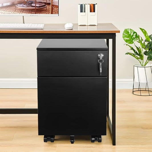 2 Drawer Mobile File Cabinet for Storage Under Desk in Home Office, Mobile File Cabinet, Metal File Cabinet with Lock, Legal/Letter /A4/F4 Size, Fully Assembled, Including Wheels, Black