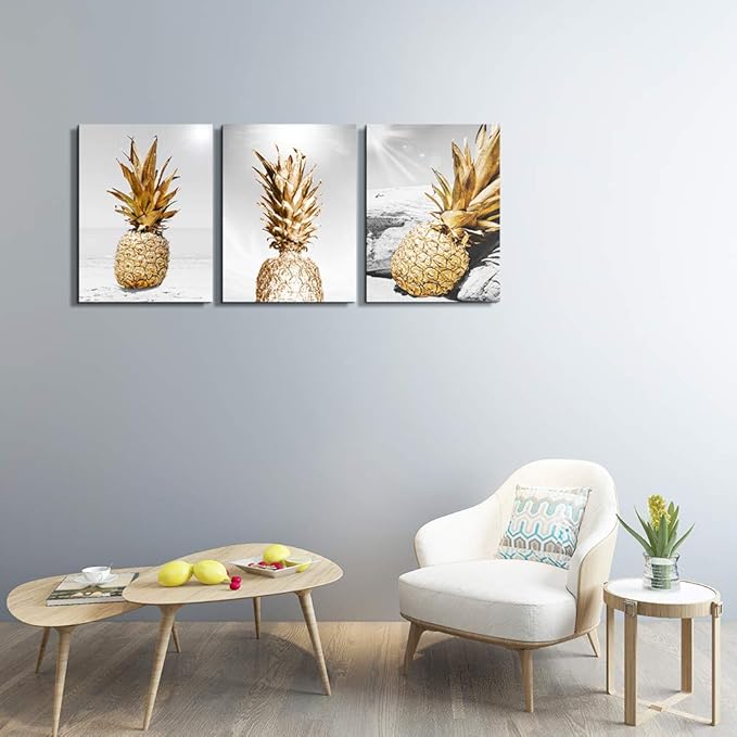 TTHYUEWS Canvas Wall Art for bar kitchen Living Room Office Bathroom home decoration Board Black and white Beach scenery golden Pineapple pictures Artwork restaurant Wall Decor Ready to Hang